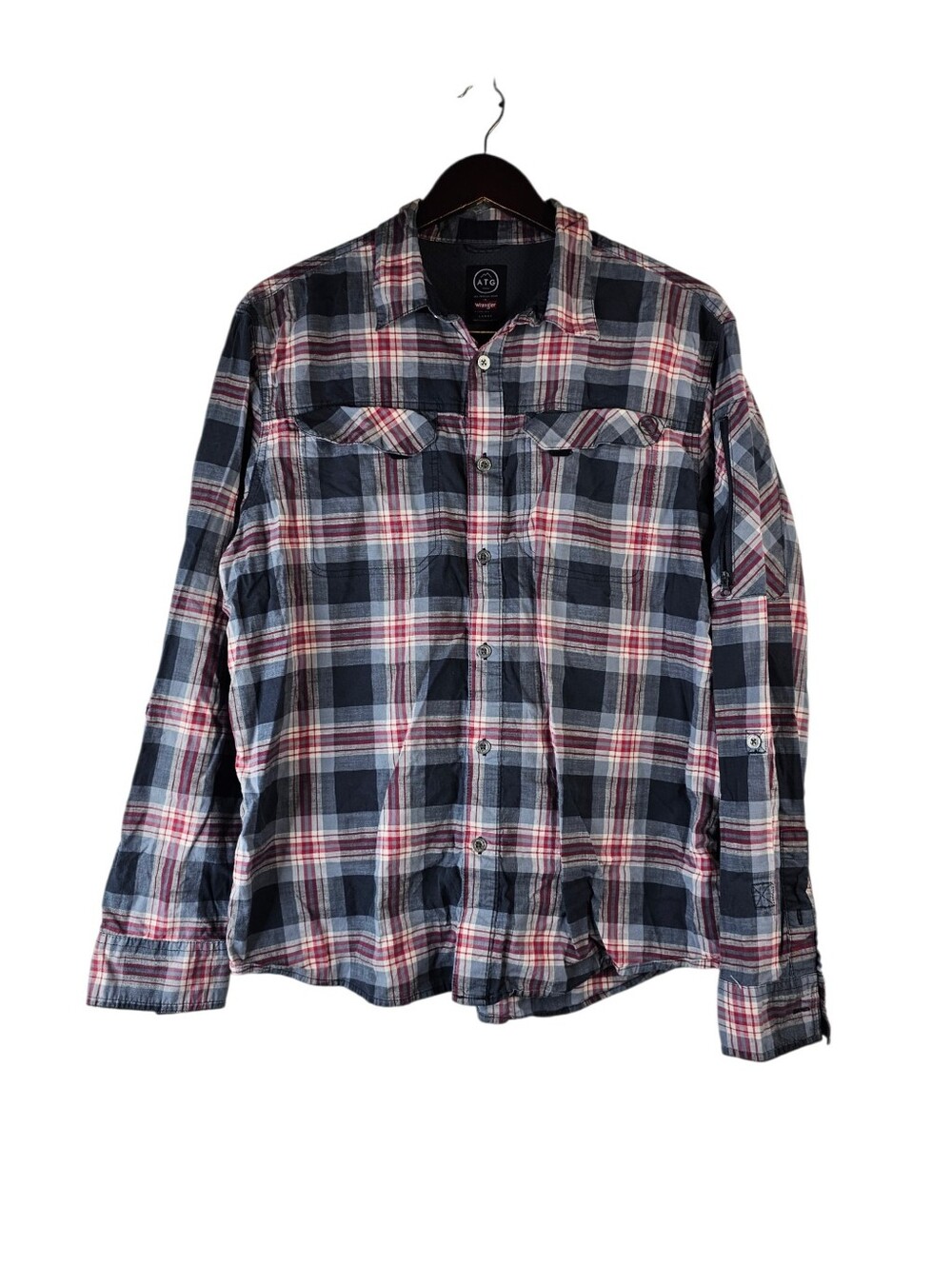 Wrangler ATG Men's Large Plaid Outdoor Hiking Shirt Long Sleeve Red Gray
